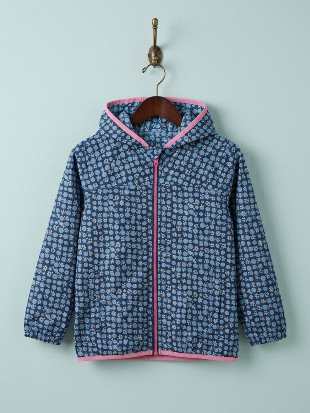 Lands' End Kids Navy Floral Polka Dot Hooded Windbreaker Jacket Girls M 5-6